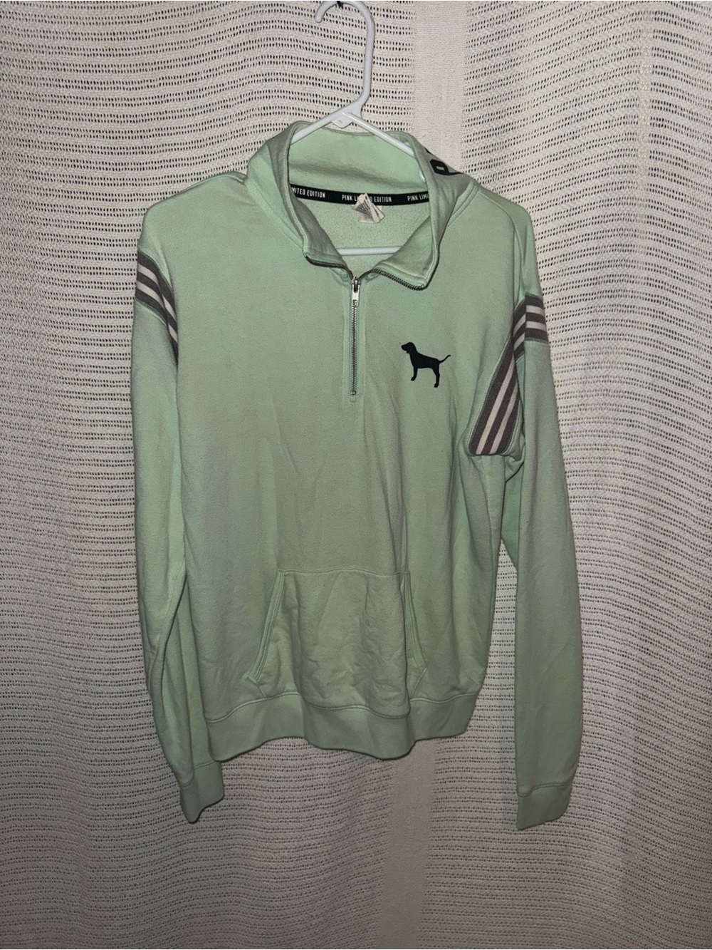 PINK Victoria's Secret Mint Green Half-Zip Pullover with Gray Stripes